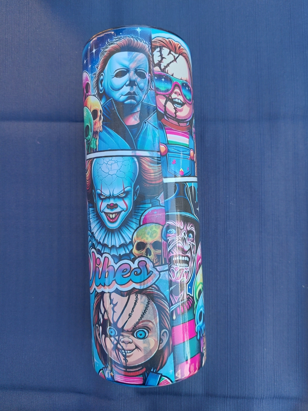Blue Horror Character Art Cylindrical Drinkware 20 Oz Skinny Tumbler